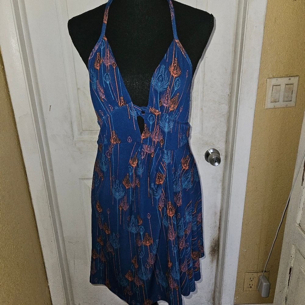 Free people blue and orange peacock 🦚 feather print backless dress size S